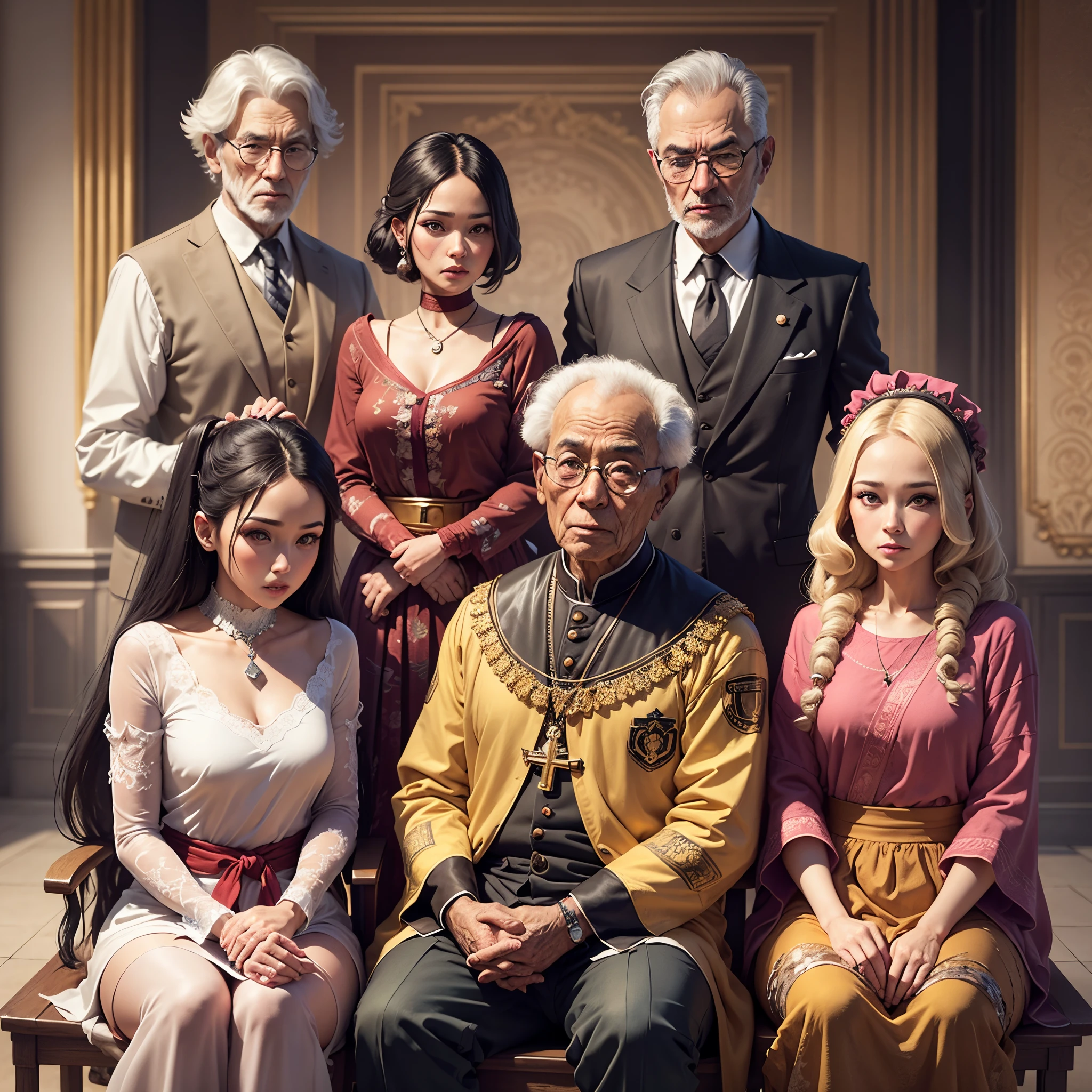 In the valley, a group of elderly people with different costumes sat cross legged around a handsome man --auto --s2