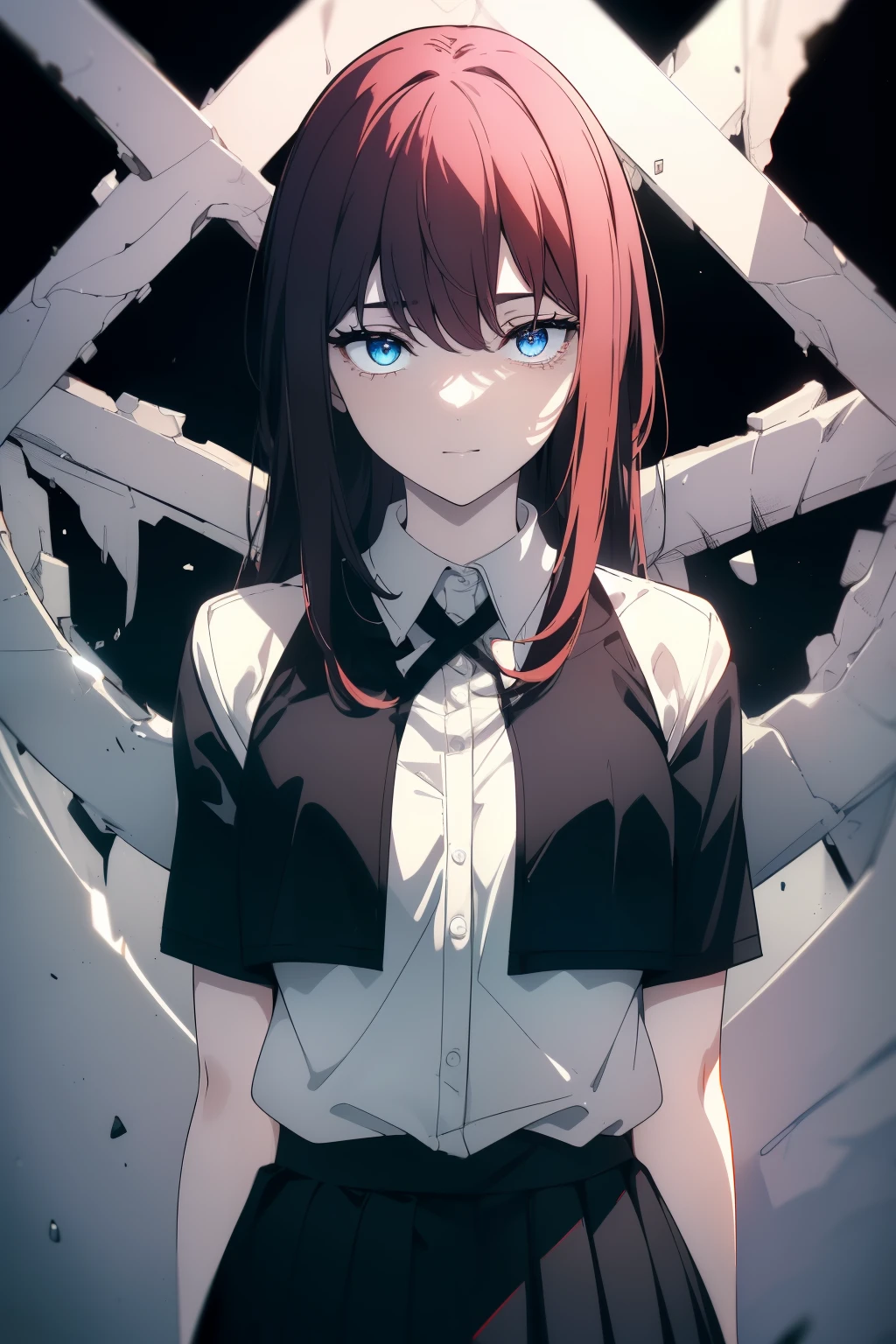 (Obra maestra, La mejor calidad, ultrahigh resolution), 1girl, standing, school uniform, white office shirt, black pleated skirt, ((light brown, light brown hair:0.7), long hair cut, pale skin, ((blue eyes)), glowing_eyes, neon eyes, (ultra detailed eyes, beautiful and detailed face, detailed eyes:0.9), ((centered)), smile, ((wide shot)), facing viewer, eye level, (black background, embers, fire), flat chested, looking at viewer, ((half closed eyes)), ((perfect hands)), (((head, arms, hips, elbows, in view))), ((hands behind back)), empty eyes, beautiful lighting, background, defined subject, 25 years old, perfect anatomy, perfect body