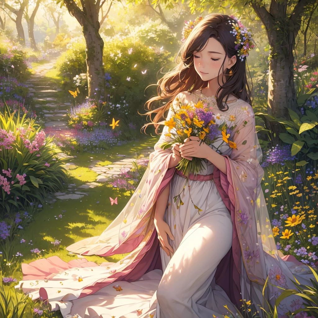 (best quality,4k,8k,highres,masterpiece:1.2),ultra-detailed,(realistic,photorealistic,photo-realistic:1.37),blooming flowers,nature scenery,beautiful garden,golden sunlight,serene atmosphere,delicate petals,vibrant colors,fresh fragrance,lush greenery,sparkling dewdrops,intricately textured leaves,flourishing plants,tall stems and delicate buds,soft breeze,scattered wildflowers,butterflies fluttering around,buzzing bees collecting nectar,peaceful sounds of nature,harmonious composition,blending hues of pinks,reds,yellows and purples,whispering grass,gentle rustling of leaves,playful sunlight and shadows,tranquil ambiance,vision of spring,overwhelming beauty of nature.