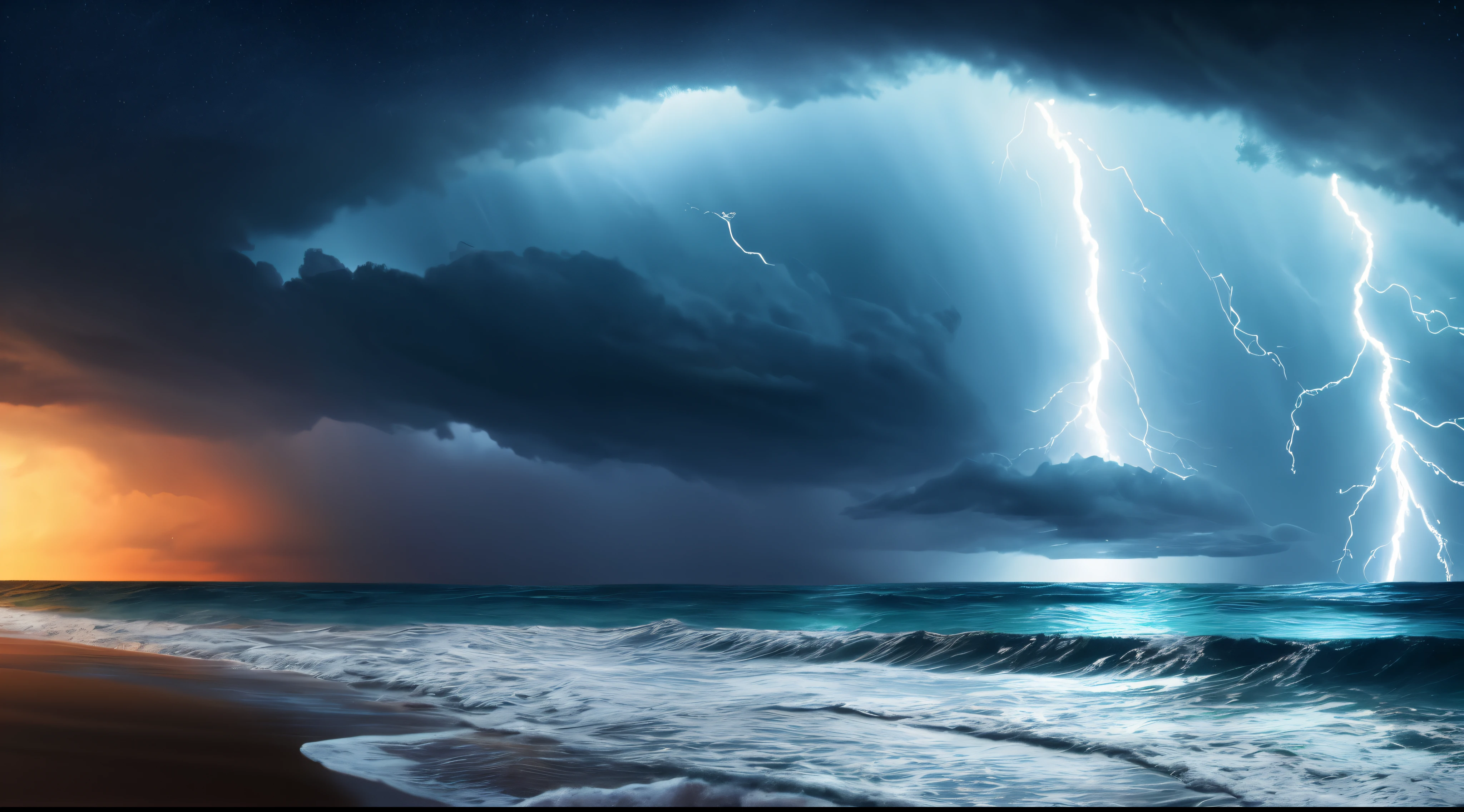 (extremely detailed CG unity 8k wallpaper), the most beautiful artwork in the world, ocean, storm, lightning, night, clouds, dark