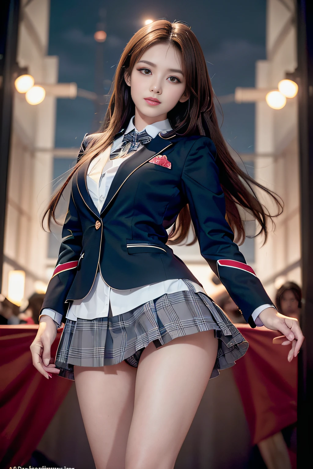 (A hyper-realistic)、(illustratio)、(hight resolution)、(8K)、(ighly detailed)、(Best Illustration)、(beautifully detailed eyes)、(top-quality)、(ultra-detailliert)、(masterpiece)、(wall-)、(A detailed face)、独奏、1 girl in、looking at viewert、fine detailed、A detailed face、in the darkness nigth、deep-shadows、lowkey、pureerosfaceace_v1、A smile、long、Black shawl straight hair、46-point diagonal bangs,female students、(white blazer chest measurement)、Translucent white blouse、red bowtie、(Miniskirts in bright colors,Plaid)、A smile,8K, Best Quality, Ultra high definition, masutepiece, Realistic, Photorealistic, High contrast, Photon mapping, Real Image, Super Detail, low angles: 1.5, 1 girl, Solo: 1.5, Full body, ((Evening concert venue stage: 1.5)), Kepop Star, Kepop Idol, dress up like kpop, Sexy, Open your legs forward, Fancy makeup, Blazer: 1.3, Short skirt: 1.3, Wear high heels with a blazer and skirt, tie, Kamisa: 1.3, Bare legged, high-heels, M Character Opening Leg: 1.3, Legs open 180 degrees, Open crotch: 1.3, long hair with brown hair, White panties: 1.5, Panties visible from under the skirt: 1.3, tall, Height 170cm, Long legs: 1.2, Textured skin