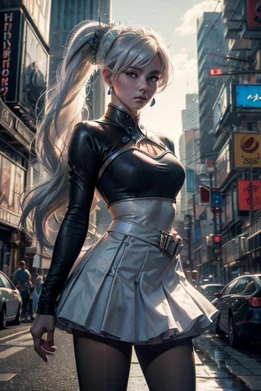 (masterpiece, best quality:1.2), cowboy shot, solo, 1girl, weissmistral, expressionless, closed mouth, looking at viewer, long white hair, side ponytail, t-shirt, skirt, pantyhose, jewellery, earrings, cyberpunk city background