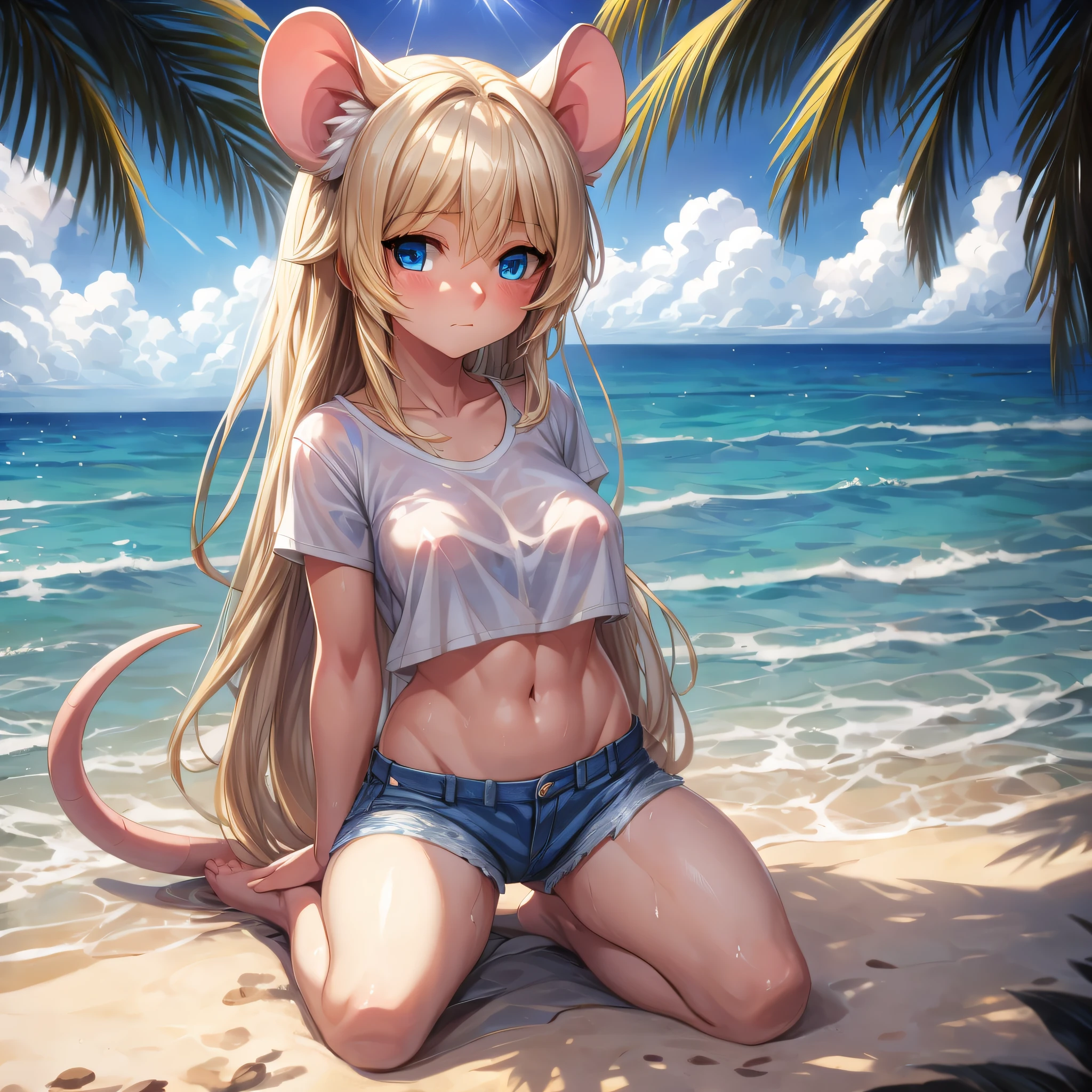 Ganguro MILF, 25 years old, dark skin, brown skin, bleached blond hair, hourglass figure, round hips, large breasts, makeup, arms up, kneeling, on beach, sweat, leopard print High-waist bikini, clothed, hoop earrings, smirking, masterpiece, best quality, front view, from below, cameltoe, (cum facial:1.4), open mouth