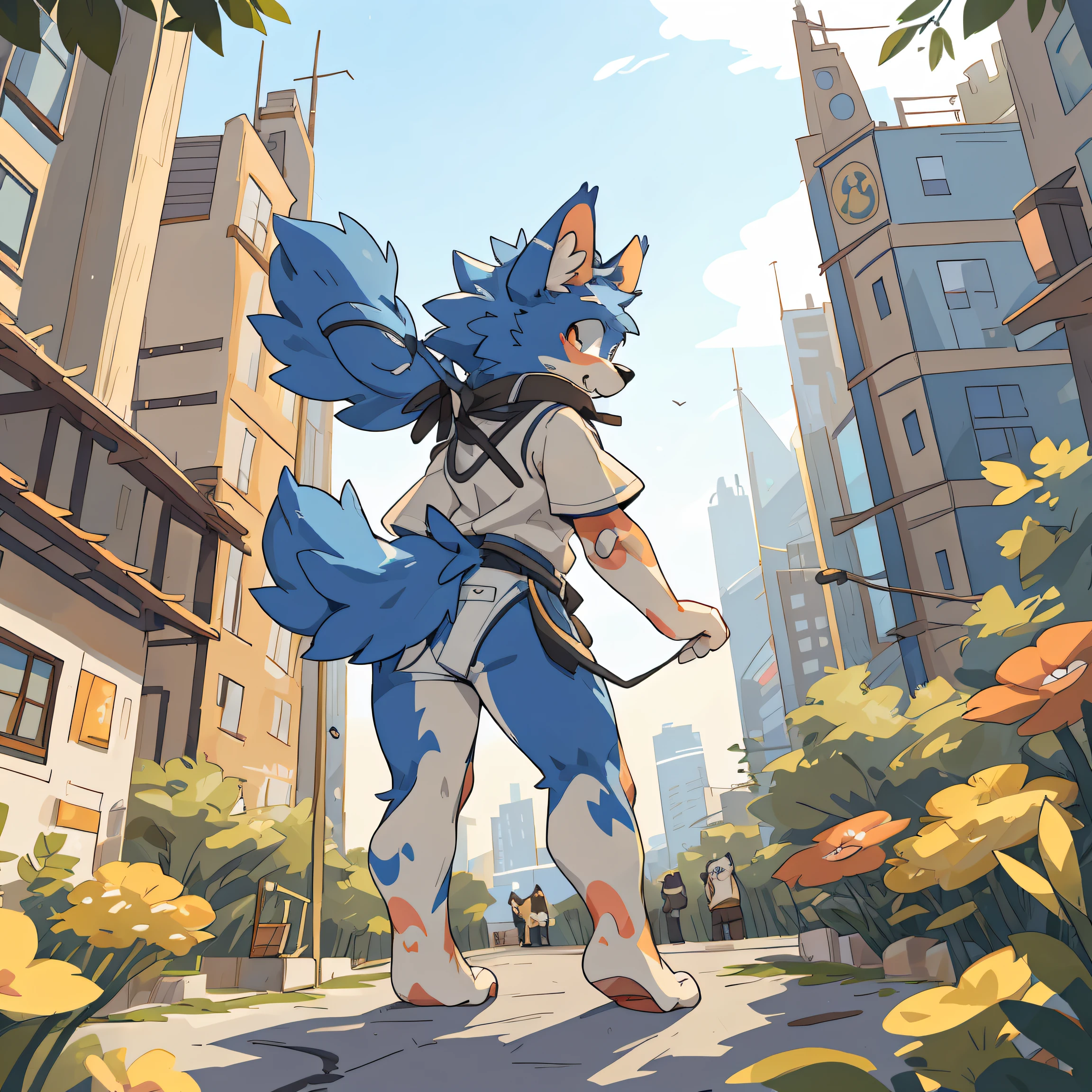 top quality, best quality, High-quality illustrations, masterpiece, super high resolution, detailed background, Crowded cityscape, Crowd(highly detailed beautiful face and eyes)absurdres, perfect anatomy(cute 1girl, warking, back view, kemono)(furry)(furry anthro:1.7)(Furry body, dog facial features, dog body features)(very detailed body fur)low angle full shot, shot from behind,