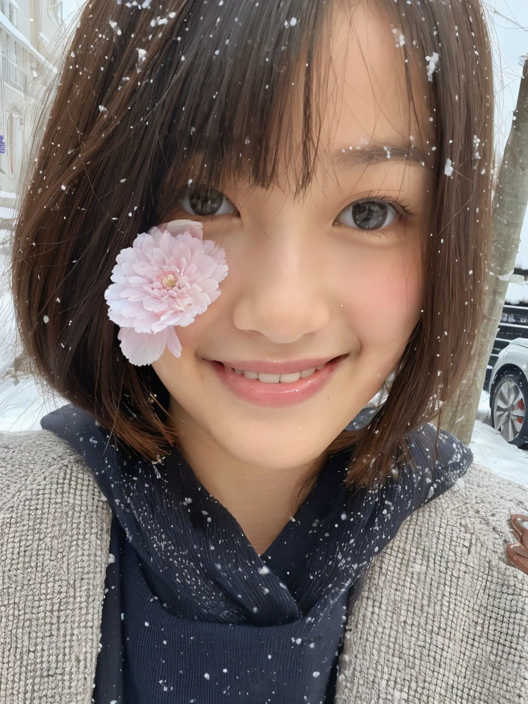 Please match your skin tone to the same color、pop cute girl、smiling in the snowstorm、Movie poster style、Love romance