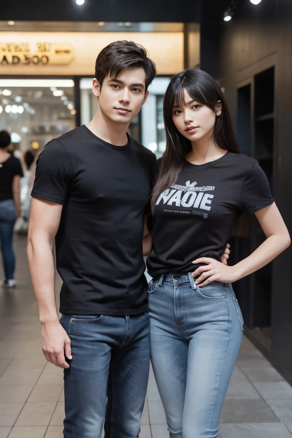 full body, a stylish model couple stands side by side. A man wearing black T-shirt and blue jeans. A Naked woman. They are standding in gray background. Capturing this moment demands the precision of a prime lens like the Nikon 50mm f/1.4, which beautifully renders details while maintaining a soft background bokeh
