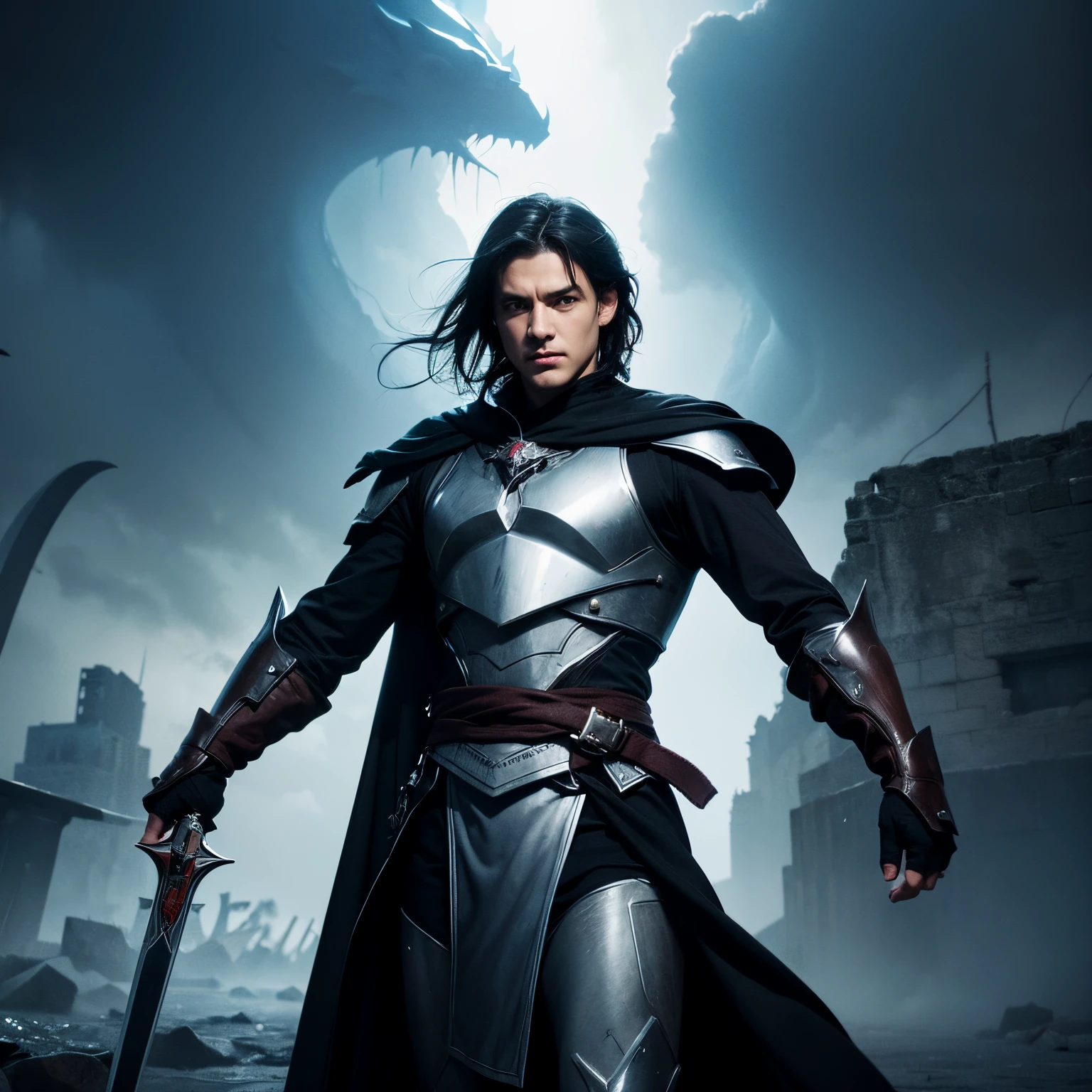 Put your hand on the guard of the great sword,middle aged man,Gray-black hair,storm element,Wearing a gray robe,Dark armor,Hurricane background