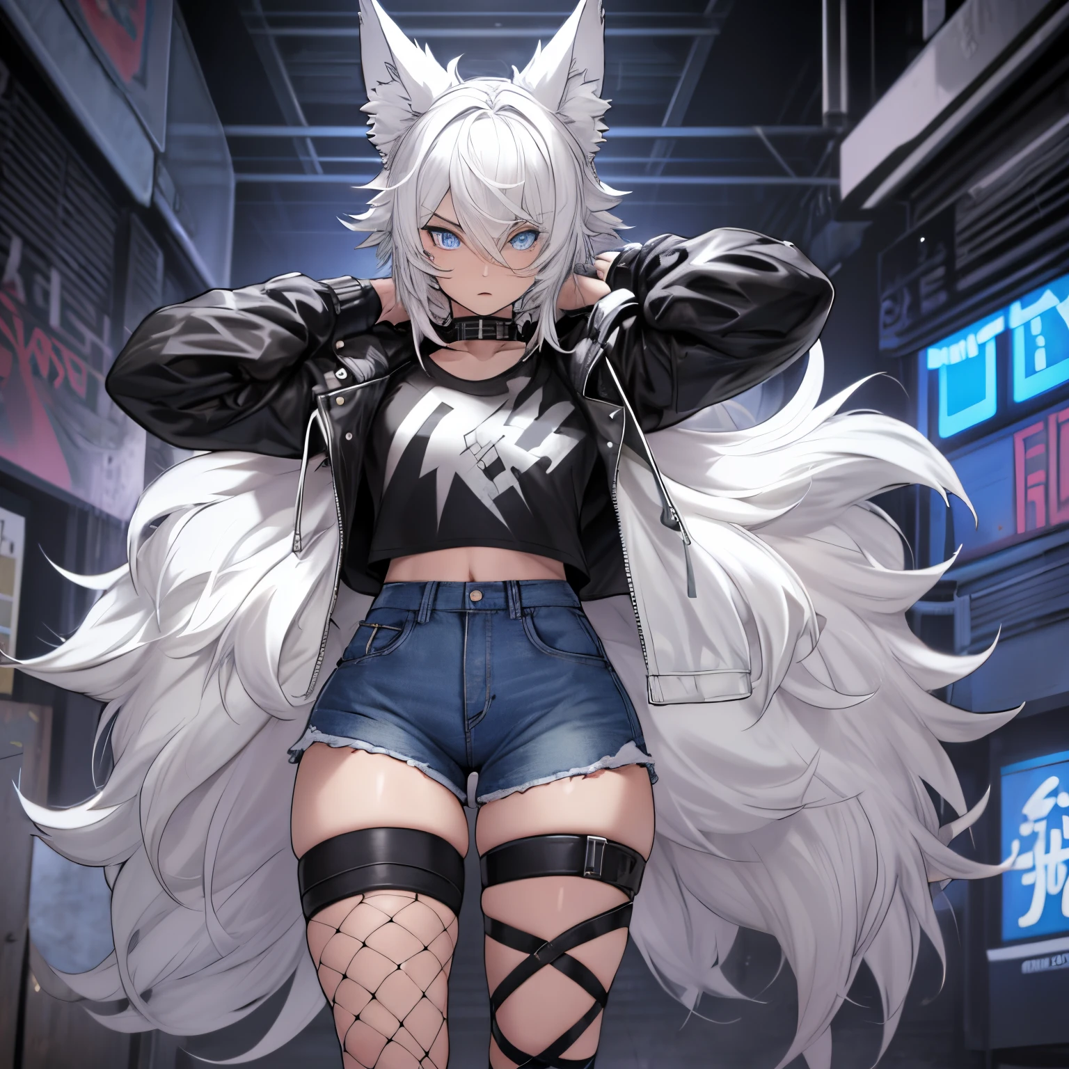 Single boy, Anime Femboy, Short, Long white hair, wolf ears, wolf tail, blue eyes, wearing short denim shorts, thigh high fishnets, black combat boots, wearing fur lined open jacket, flat chest, super flat chest, wearing cropped t-shirt, solo femboy, only one femboy ((FLAT CHEST)) solo, alone, (SOLO)(ALONE) thicc thighs, wide hips, blue eyes, perfect eyes, perfect face, pouty lips, happy