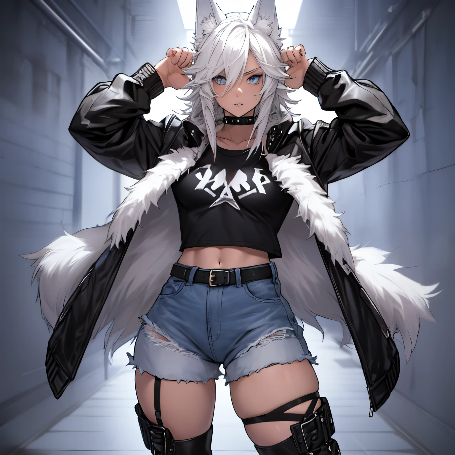 Single boy, Anime Femboy, Short, Long white hair, wolf ears, wolf tail, blue eyes, wearing short denim shorts, thigh high fishnets, black combat boots, wearing fur lined open jacket, flat chest, super flat chest, wearing cropped t-shirt, solo femboy, only one femboy ((FLAT CHEST)) solo, alone, (SOLO)(ALONE) thicc thighs, wide hips, blue eyes, perfect eyes, perfect face, pouty lips, happy