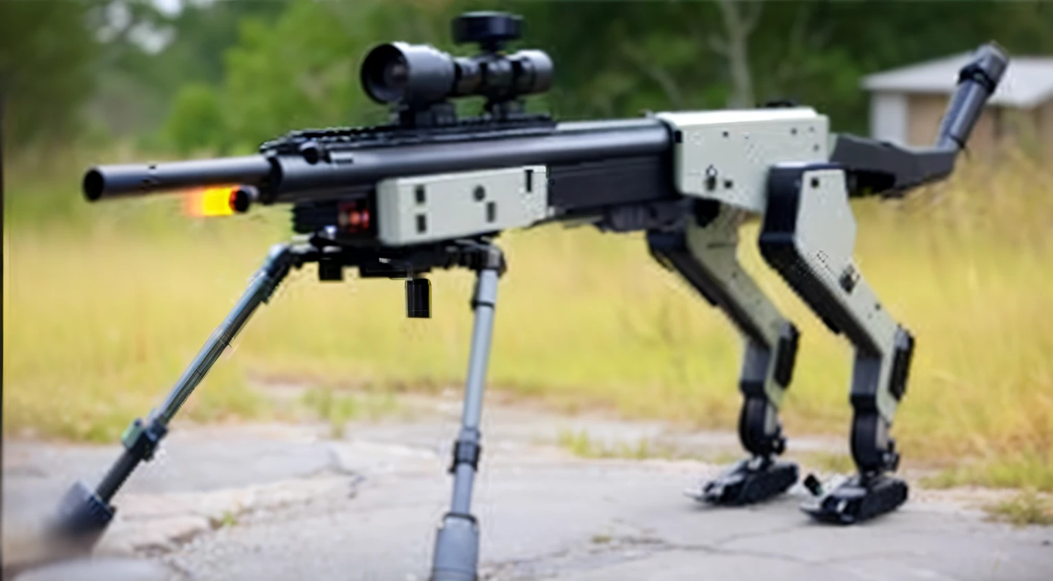 A killer robot dog, with 4 legs and a tail, equipped with a sniper rifle on its back and a scope on the gun, laser rifle, a laser rifle,  is hunting in the forest.