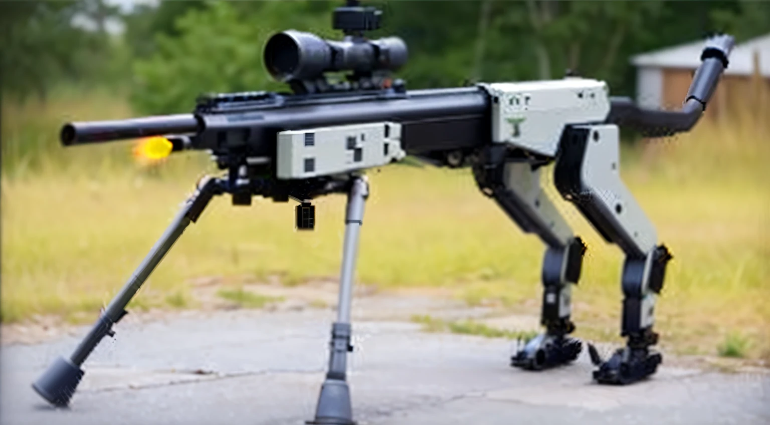 A killer robot dog, with 4 legs and a tail, equipped with a sniper rifle on its back and a scope on the gun, laser rifle, a laser rifle,  is hunting in the forest.