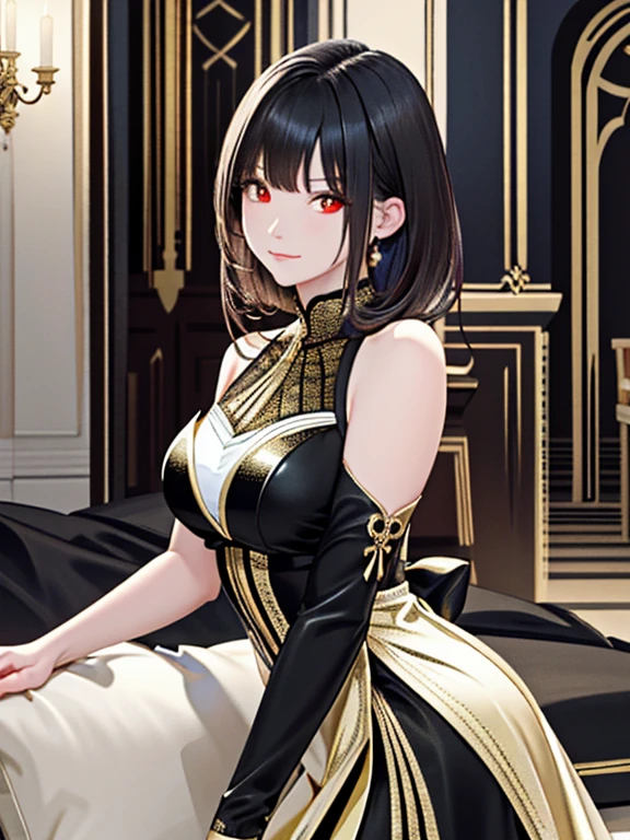 ((masterpiece、top-quality:1.5、a high chroma:1.5、ultra-detailliert、high-resolution illustrations:1.5、Ultra-high-definition CG、8k size wallpaper、offcial art))、(front view:1.8),(1girl),(Shining red eyes:1.5),(cute face:1.5,cute eyes:1.5)、(close to viewer:1.5),
(clear face:1.3)、(sexy body),((black and gold luxury ダークファンタジードレス:1.5)),((intricate detailes,detailed dress)), (Beautiful dress in every detail),(large breasts:1.5),((s fractal art:1.5))、(highly colorful:1.5)、,(Shining red eyes:1.2),fantasy