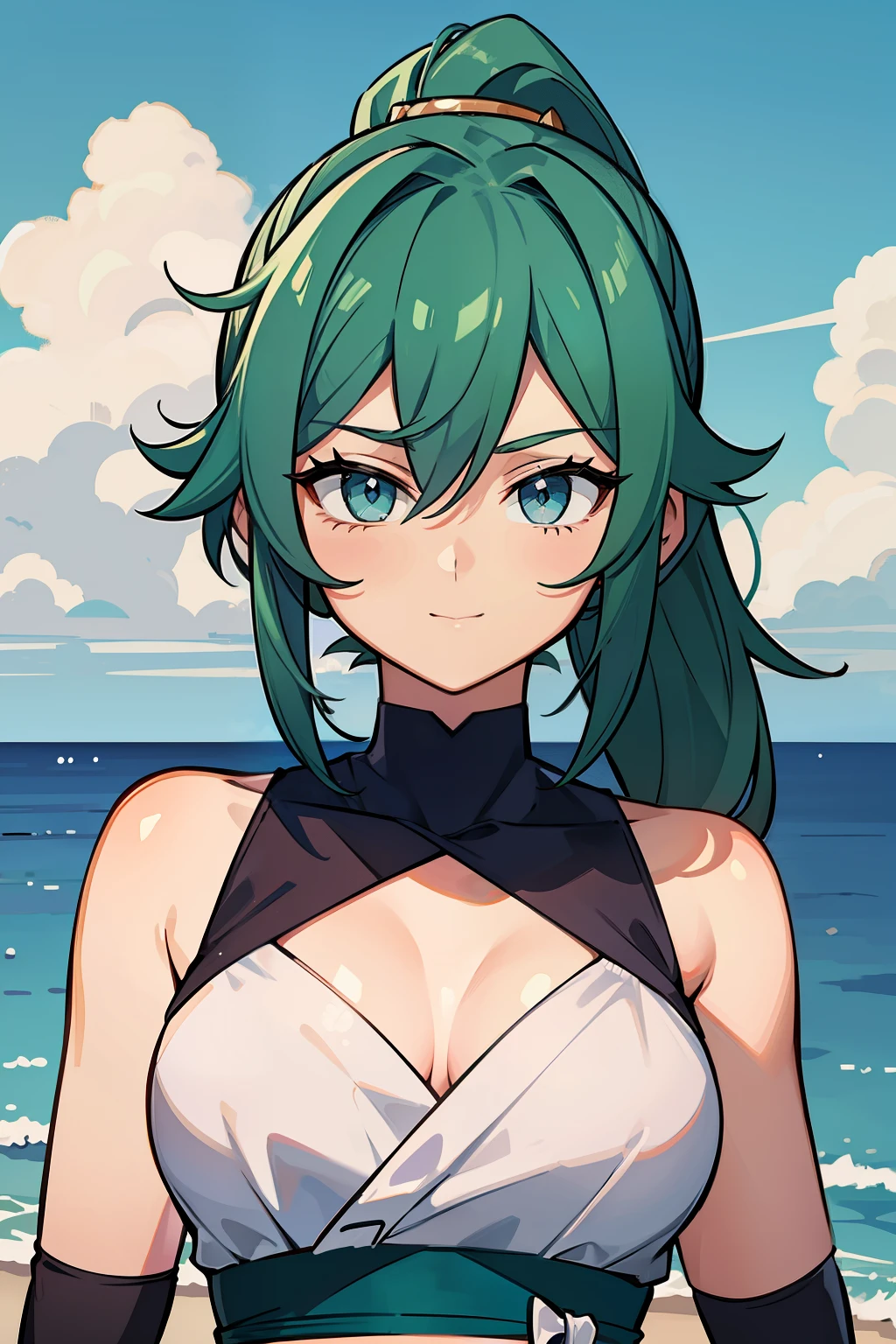 (high-quality, breathtaking),(expressive eyes, perfect face) 1girl, female, solo, young adult , light blue hair, green coloured eyes, stylised hairstyle, gentle smile, medium length hair, loose hair, side bangs, curley hair, really spiky hair, spiked up hair, ponytail, looking at viewer, portrait, ancient greek clothes, blue tunic, white Chlamys, white dress, sleeveless, greek, blue and gold sash, ocean background, laurel in hair, C cup size breasts
