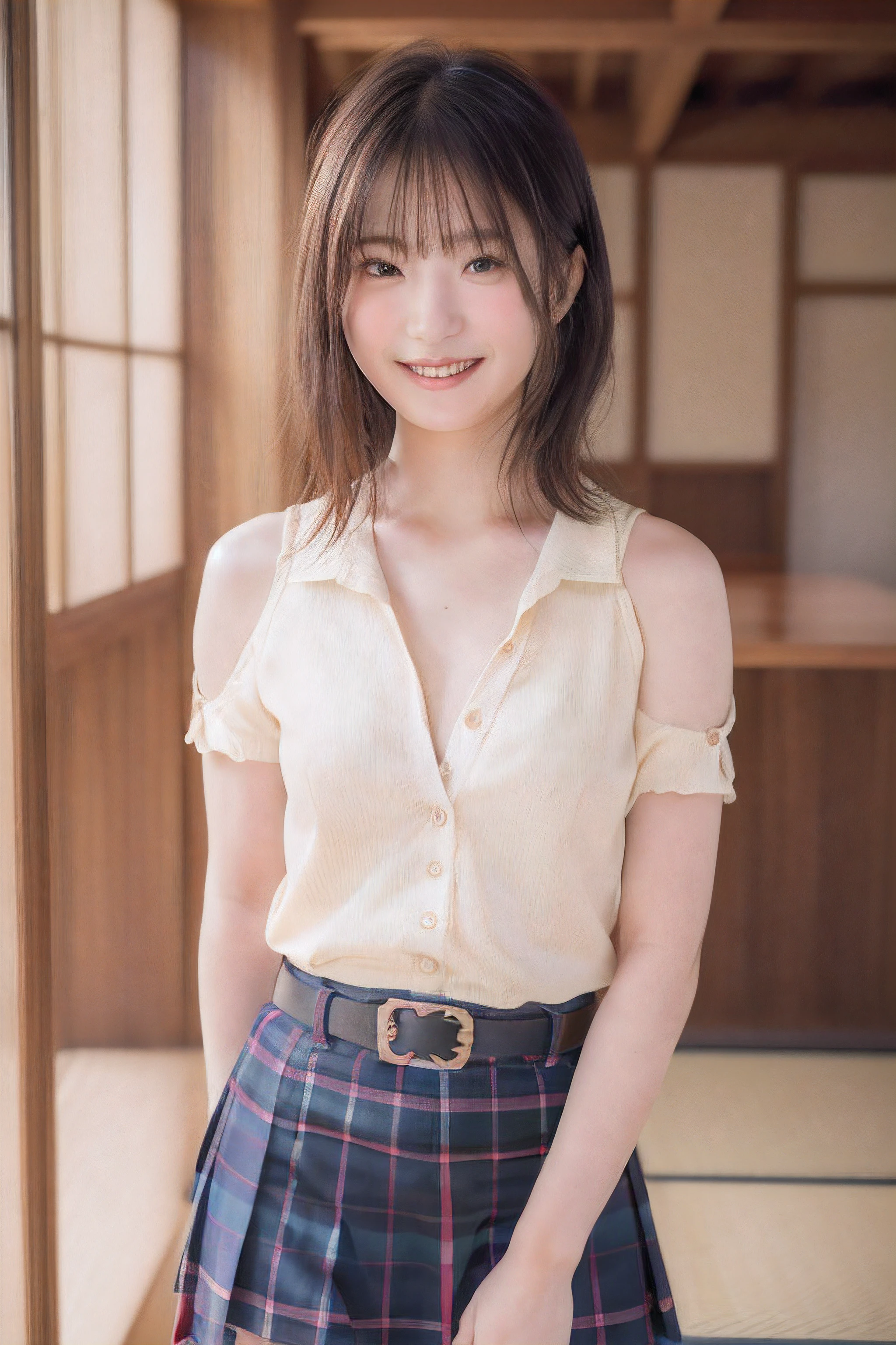 masutepiece, Best Quality, japanaese girl, 8K, top-notch quality, masutepiece, nffsw:1.2, exceptionally detailed RAW color photo, professional-grade photograph, (Realistic, Photorealistic:1.37), (highly detailedskin:1.2), Ultra-high resolution, (lenz 50mm), (masutepiece, top-quality:1.3), (Ultra detailed 8K cg:1.2), (hyper realisitic:1.35), (Photorealistic:1.45), (Realistic:1.4), Cowboy Shot, 1 beautiful Japanese girl, 22 years old, super model, Japanese Idol, __expression__, Large breasts, (Uniforms and skirts:1.4), (The background is inside the arcade:1.1)、Huge areola slips)、puffy areolas、Young adorable Japan face、Portrait of female Japan idol、A Japanese Lady、messy hair style、Popular makeup in Japan、bared  chest、nude,NSFW、A smile、Clear skin、