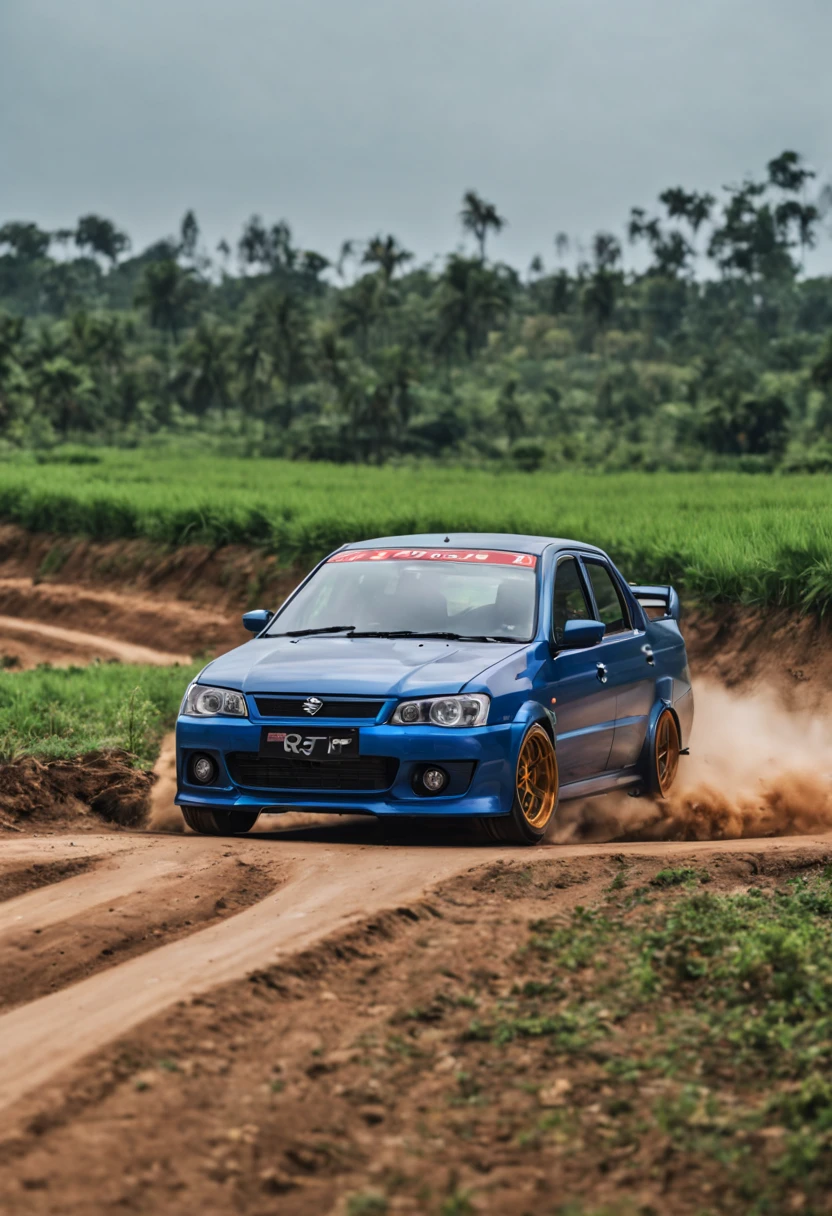 A Close Up Shot of A Proton Saga, wide body, flushed fitment wheels, taking in (Sony A7RIII 18mm focal length), (f5.6 aperture), (1/80 shutter speed), (bokeh), dusty winding roads, paddy fields, motion blur, unobtrusive, realistic, details sky, majestic, 8K HD, Cinematic, Dynamic angles