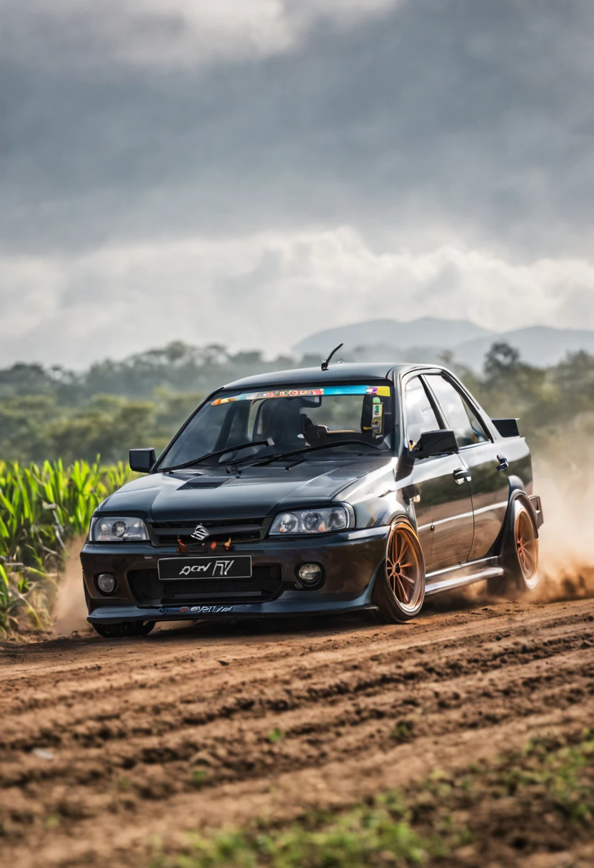 A Close Up Shot of A Proton Saga, wide body, flushed fitment wheels, taking in (Sony A7RIII 18mm focal length), (f5.6 aperture), (1/80 shutter speed), (bokeh), dusty winding roads, paddy fields, motion blur, unobtrusive, realistic, details sky, majestic, 8K HD, Cinematic, Dynamic angles