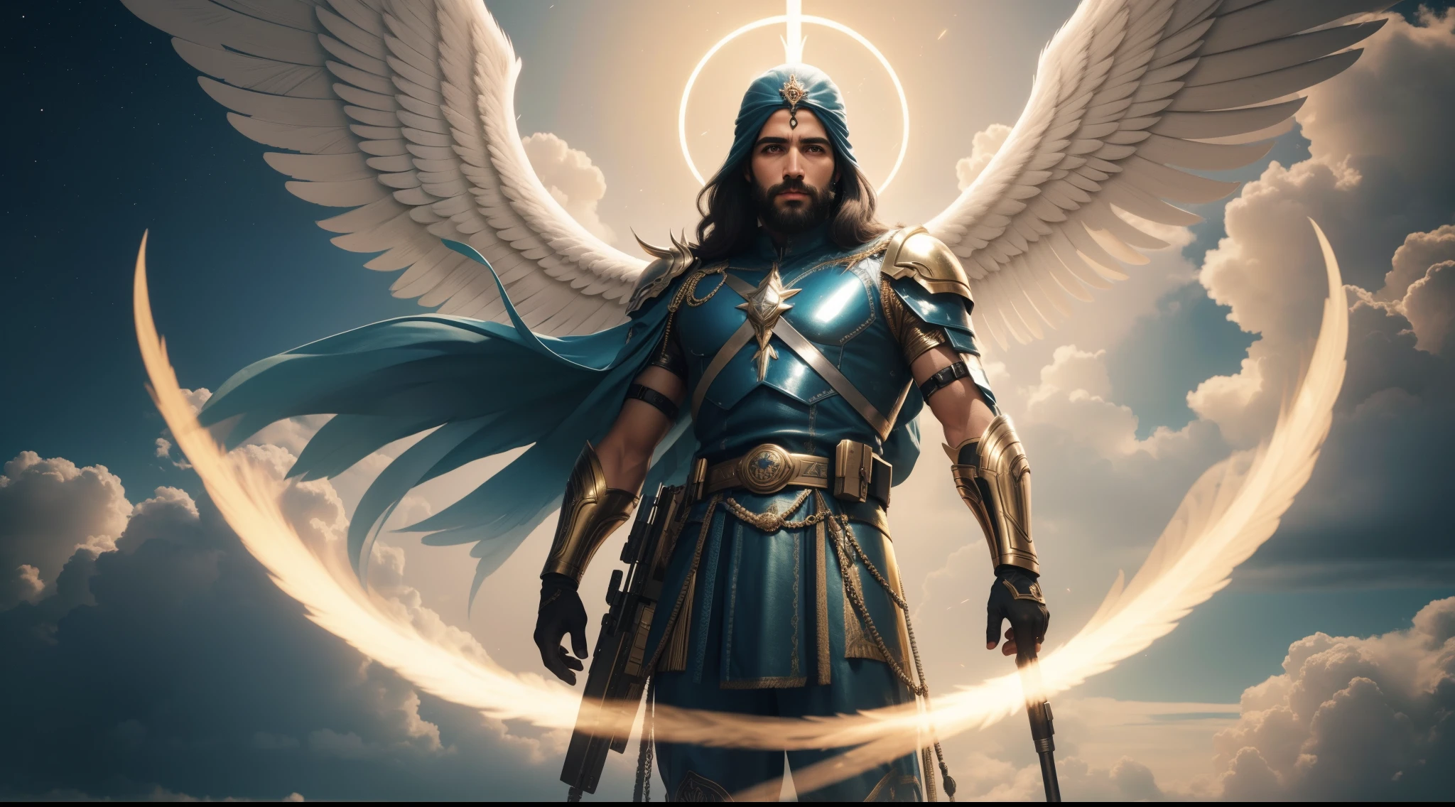 anjo masculino de deus, anjo masculino, The angel of God's army, Golden Army, Rosto detalhado, army, face sem defeito,  Surrealista, Surrealismo, Normal face, barba cheia, barba grande, tempestade, Towards the Heavens, celestial, divino, fotorrealista, renderizado, 4k, 8k, texturas detalhadas, sombras detalhadas, decente, cores detalhadas, anjo masculino de deus, Contraste realista, Texturas fotorrealistas, cores detalhadas, cores realistas, sombras detalhadas, Rosto Luminoso, Eletricidade, realistic, 8k realistic, Detailed face, Celest,