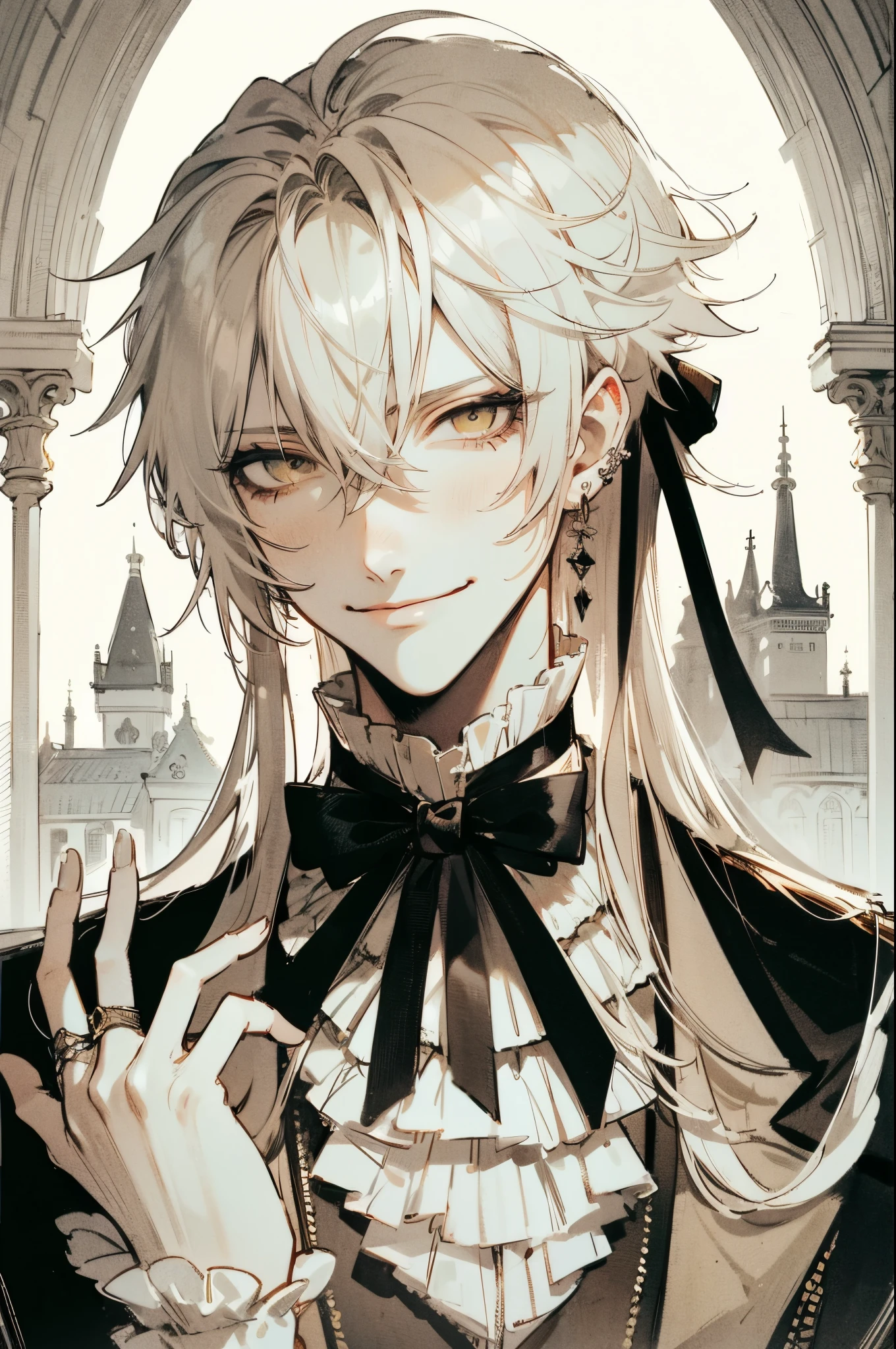 hightquality, pixiv style, Mature young man, White long hair, Ponytail, sharp narrow eyes, yellow irises, a black ribbon, Sophisticated appearance, frilled blouse, small hand gestures (🤏), gothic palace background, Soft and muted colors, Evil smile, Mysterious aura, japanese anime style, Clear line drawing, Transparent watercolor, Pastel tones, Clear shading, and a sophisticated look