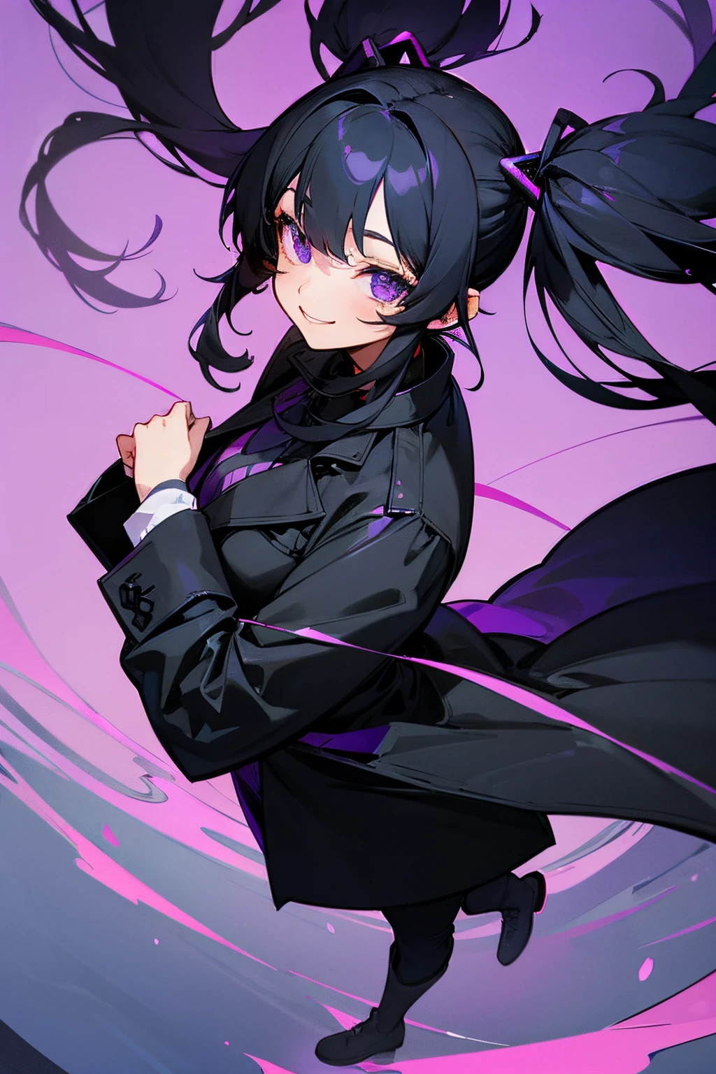 femele、Black hair、Half Twin Tail、Purple eyes、Black coat、black pant track boots、2D beautiful girl、illustratio、A smile