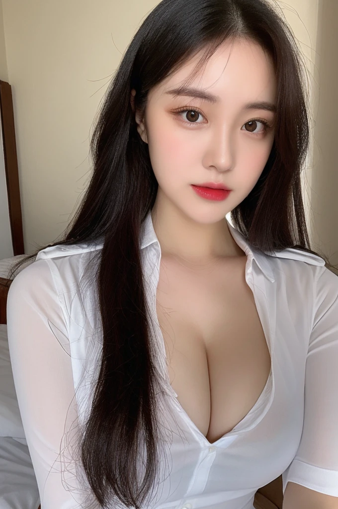 (realistic, high resolution:1.3), 1 girl with perfect figure,light on face, pale white skin,looking at viewers, super fine face and eyes, long hair, White police uniform, transparent shirt, open shirt, in bedroom, sit on the bed, massive breasts, exposed cleavage