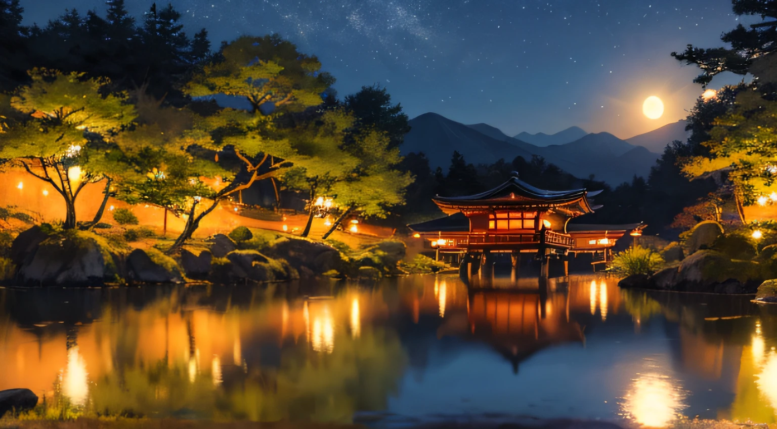 Night view inspired by Japan art, Mountains illuminated by lanterns、wooden hut on a quiet lake. Starry sky reflected in water, Create a magical environment. On the shores of the lake, There is a small Zen temple lit by candles, a person々Where to come to meditate. The tree々Leaves flutter in the wind, Creates a quiet and calm atmosphere, high res, ultrasharp, 8k, masterpiece, reflection, japan, moon light, nature, zen