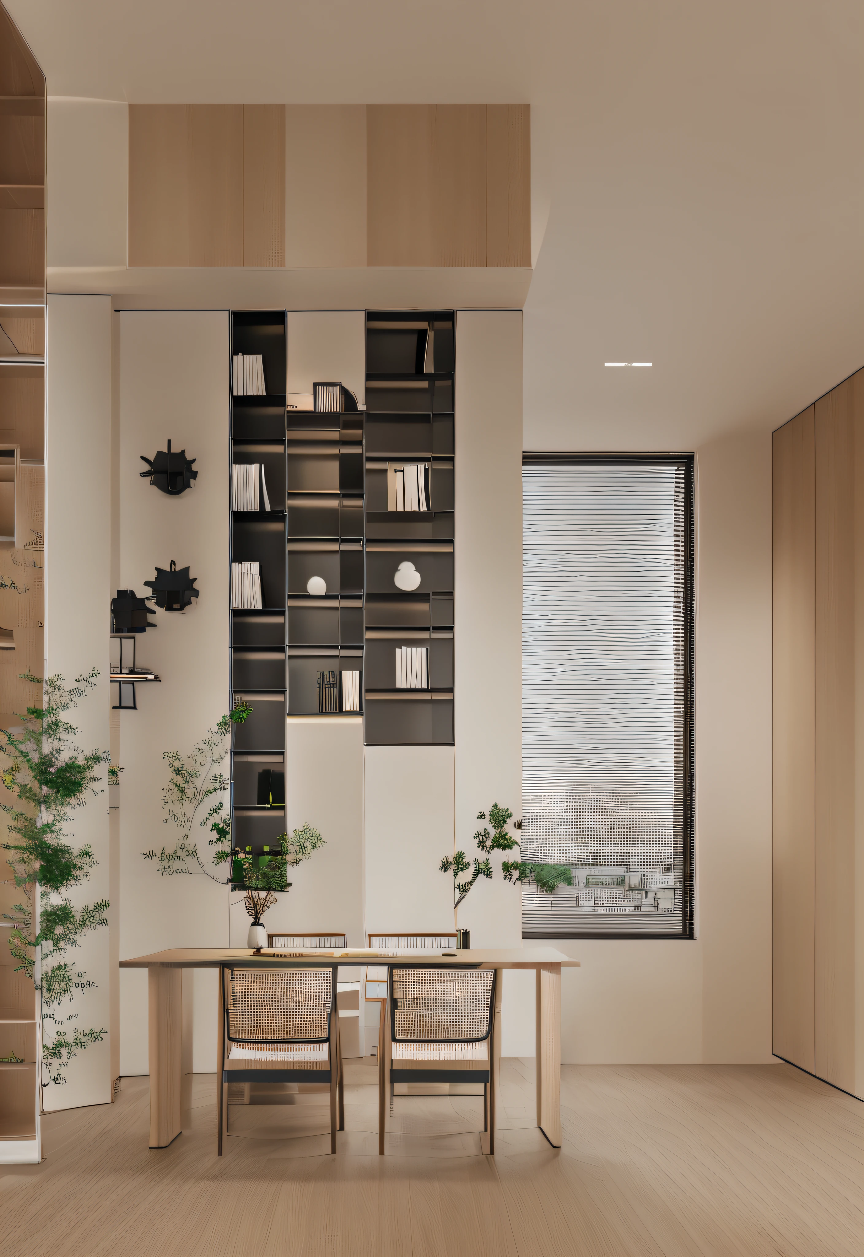 （Study room scene with roller shutters），wooden floor，bookshelves，Computer，a chair，A pot of greenery