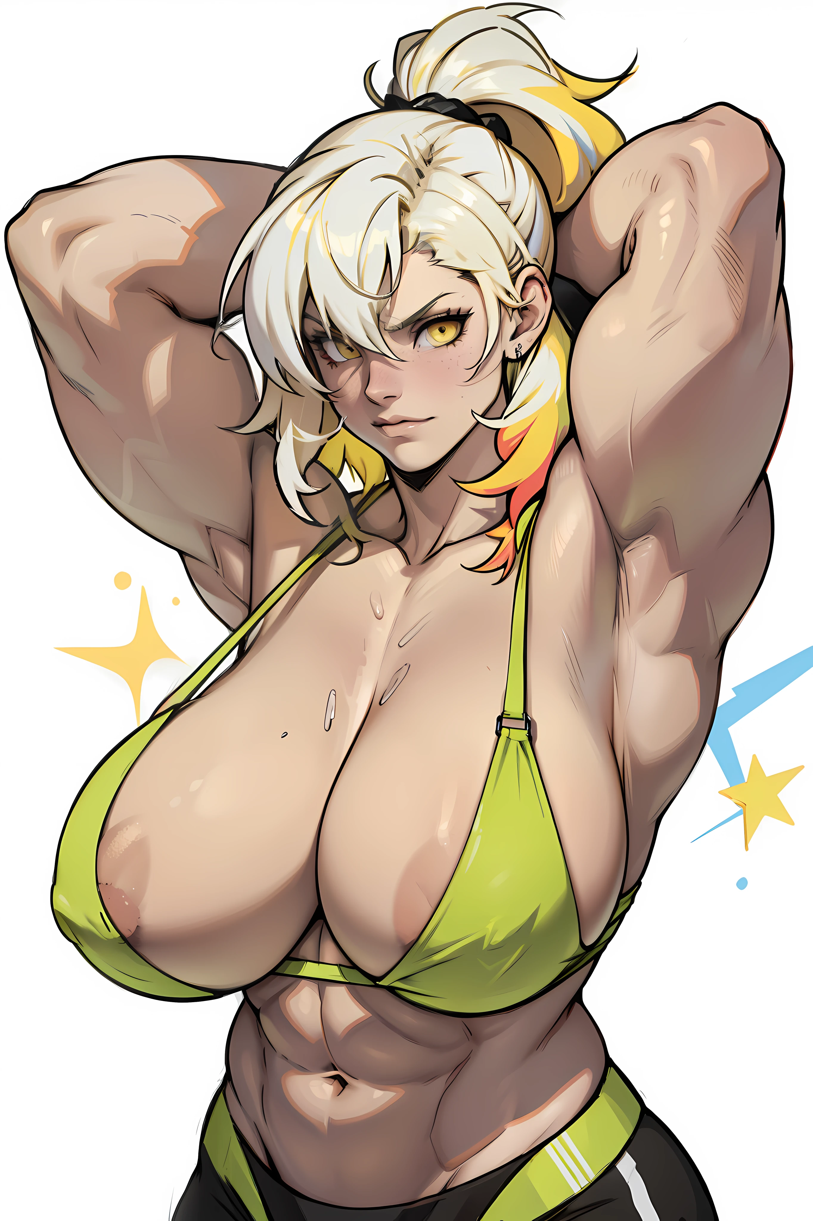 girl huge muscles huge breasts muscular toned body pale skin multicolored hair white hair blonde hair yellow eyes