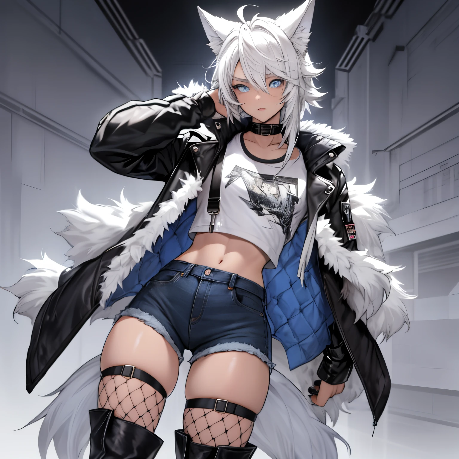 Single boy, Anime Femboy, Short, Long white hair, wolf ears, wolf tail, blue eyes, wearing short denim shorts, thigh high fishnets, black combat boots, wearing fur lined open jacket, flat chest, super flat chest, wearing cropped t-shirt, solo femboy, only one femboy ((FLAT CHEST)) solo, alone, (SOLO)(ALONE) thicc thighs, wide hips, blue eyes, perfect eyes, perfect face, pouty lips, happy