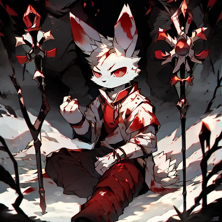 ( male white bunny)   ( forest cover in snow  )  ( body covered in blood) ( death glare  )  ( sitting ). (Black pants with red symbol on it )   (red eyes ) ( staff in the Snow) ( red eyes surrounded him )