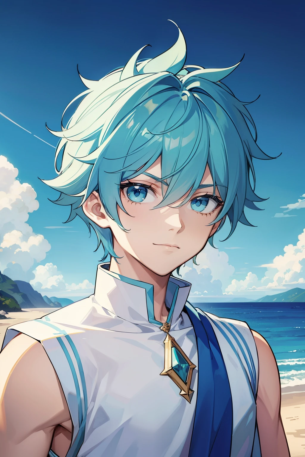 (high-quality, breathtaking),(expressive eyes, perfect face) 1boy, male, solo, young adult , light blue hair, green coloured eyes, stylised hair, gentle smile, medium length hair, loose hair, side bangs, curley hair, really spiky hair, spiked up hair, looking at viewer, portrait, ancient greek clothes, blue tunic, white Chlamys, sleeveless, greek, blue and gold sash, ocean background, laurel accessory, slightly narrow eyes, masculine face, masculine eyes