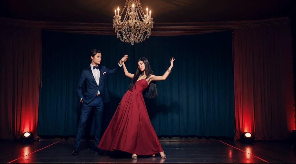 A ager in a long red dress and with long black hair and slightly olive skin dancing with a teen in a dark blue suit and straight hair, curto e preto e uma pele clara. A party background with chic decor. Uma imagem ultra realista, somente os dois na imagem.