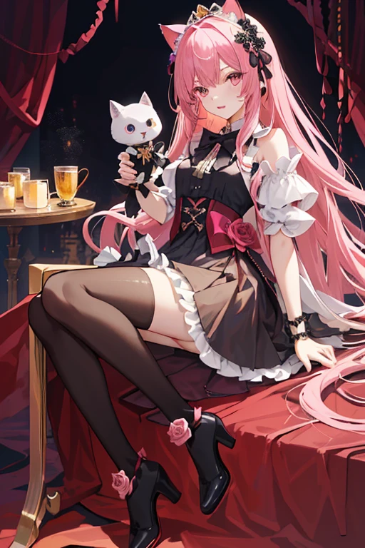 ((tmasterpiece:1.4,Best quality))++,(hyper-detailing)+,(Best quality,hyper-detailing,vibrant with colors,rich colourful,dynamic angle,hight contrast:1.2),A loli,Height about 142cm,short,Dark loli attributes,Has cat ears and a cat tail,dark pink rose(symbol),Long pale pink hair,Dark pink highlights,Tie the ends of hair,European clothing,Ethereal eyes,European dress(Dark pink)(Nero,blanche,Dark pink and gold lace, etc.)((Dark pink rose flower decoration)),Princess dress,short- sleeved,Black bow with gold lace and dark pink rose flower headdress plus a small golden crown(Inlaid with diamondlack lace bracelet,Holding a cat doll in hand(micro horror element theory,face expression,leslack lence black pantyhose,Booties。European,circus,playingcardagister,delicated face,exquisite facial featurerom below:0.5), Fashionab, with dynamism, garments, posing on a, frontage, rich colourful, dyna, Background with, element in, self-assured, Expressing the, statement, fittings, A majestic, coil, Runt, Scenes, Cover of a, boldness, attention-grabbing, Fashionab, typeface, Catchy, attention-grabbinodern day, Fashionab, focal, Fashionab,the night,themoon,stage,performance,A huge scene,lamplight