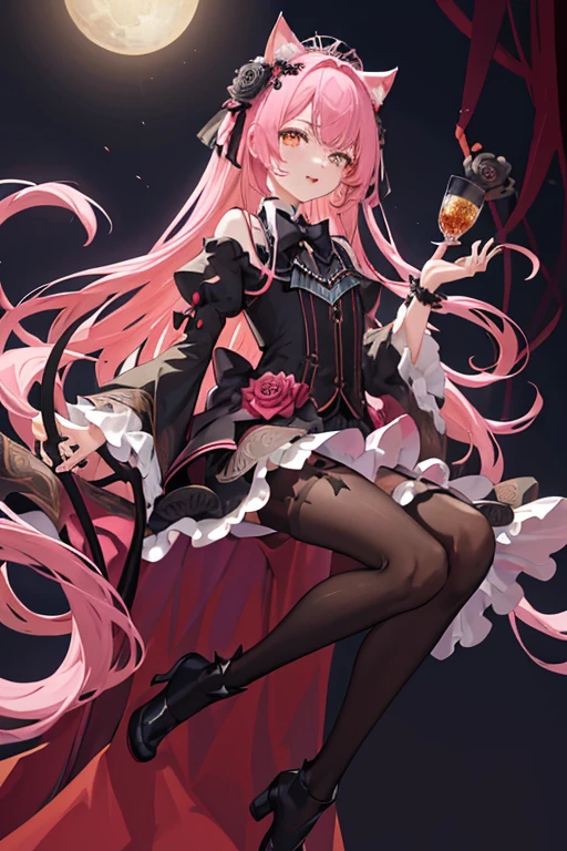 （（tmasterpiece：1.4，Best quality））++，（hyper-detailing）+，（Best quality，hyper-detailing，vibrant with colors，rich colourful，dynamic angle，hight contrast：1.2），one-girl，Height about 141cm，short，Dark loli attributes，Lori huge breasts cleavage，flatchest，Has cat ears and a cat tail，dark pink rose（symbol），playingcards（symbol），Long pale pink hair，Dark pink highlights，Tie the ends of hair，European clothing，Ethereal eyes，European dress（Nero，blanche，Dark pink and gold lace, etc.）（（Dark pink rose flower decoration））（（Playing card decoration）），Princess dress，short- sleeved，Black ribbon bow and gold lace headdress（（Dark pink rose flower decoration）），Holding a cat doll in hand（micro horror element theory），face expression，leslack lence black pantyhose，Booties。European，circuagister，playingcards，There are some patterns under the eyes，Draw the whole body。delicated face，exquisite facial featurerom below：0.5）， Fashionab， with dynamism， garments， posing on a， frontage， rich colourful， dyna， Background with， element in， self-assured， Expressing the， statement， fittings， A majestic， coil， Runt， Scenes， Cover of a， boldness， attention-grabbing， Fashionab， typeface， Catchy， attention-grabbinodern day， Fashionab， focal， Fashionab，the night，themoon，stage，performance，A huge scene，lamplight