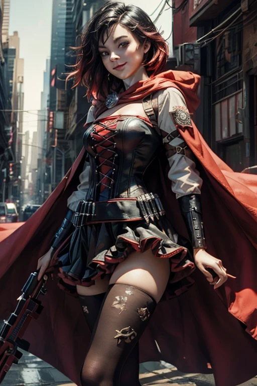 (masterpiece, best quality:1.2), solo, 1girl, mistralrose, smile, looking at viewer, dress, corset, red cape, thighhighs cyberpunk city background