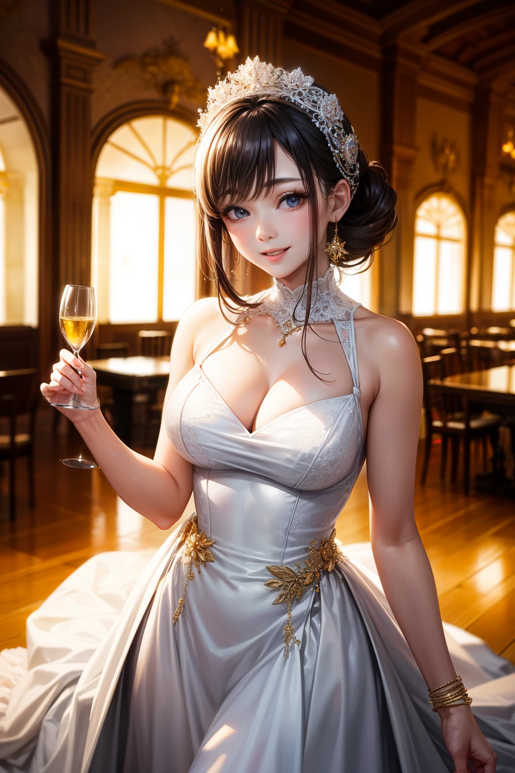 top-quality、lighting like a movie、 1 female、gorgeous and flashy dress、ssmile、Luxurious party venues、