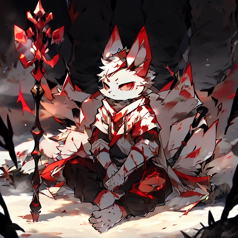 ( male white bunny) ( forest cover in snow ) ( body covered in blood) ( death glare ) ( sitting ). (Black pants with red symbol on it ) (red eyes ) ( staff in the Snow) ( red eyes surrounded him ) ( emotionless in the eyes)