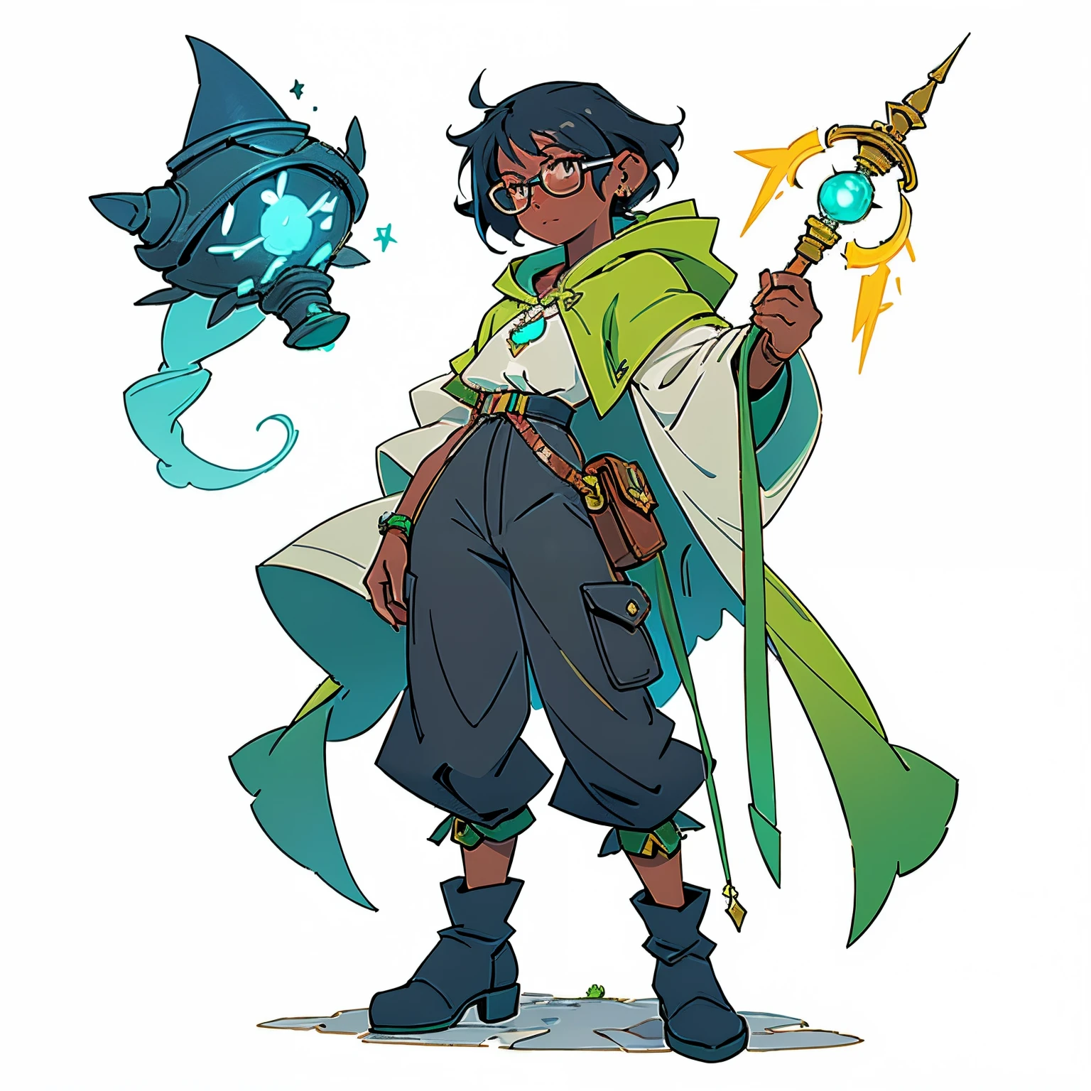 Black hair, dark skinned, tanned, woman, grown up, glasses, full body, magic, short hair, green tunic with magical symbols, black trousers, blue starlight cloak, boots, pendant, white background, static pose