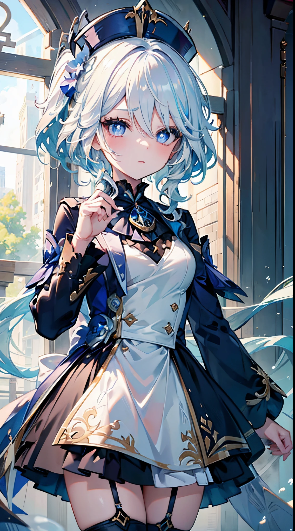 masterpiece, best quality, 1 girl, furina, genshin impact, white hair, blue hair, cute, tear shaped pupils