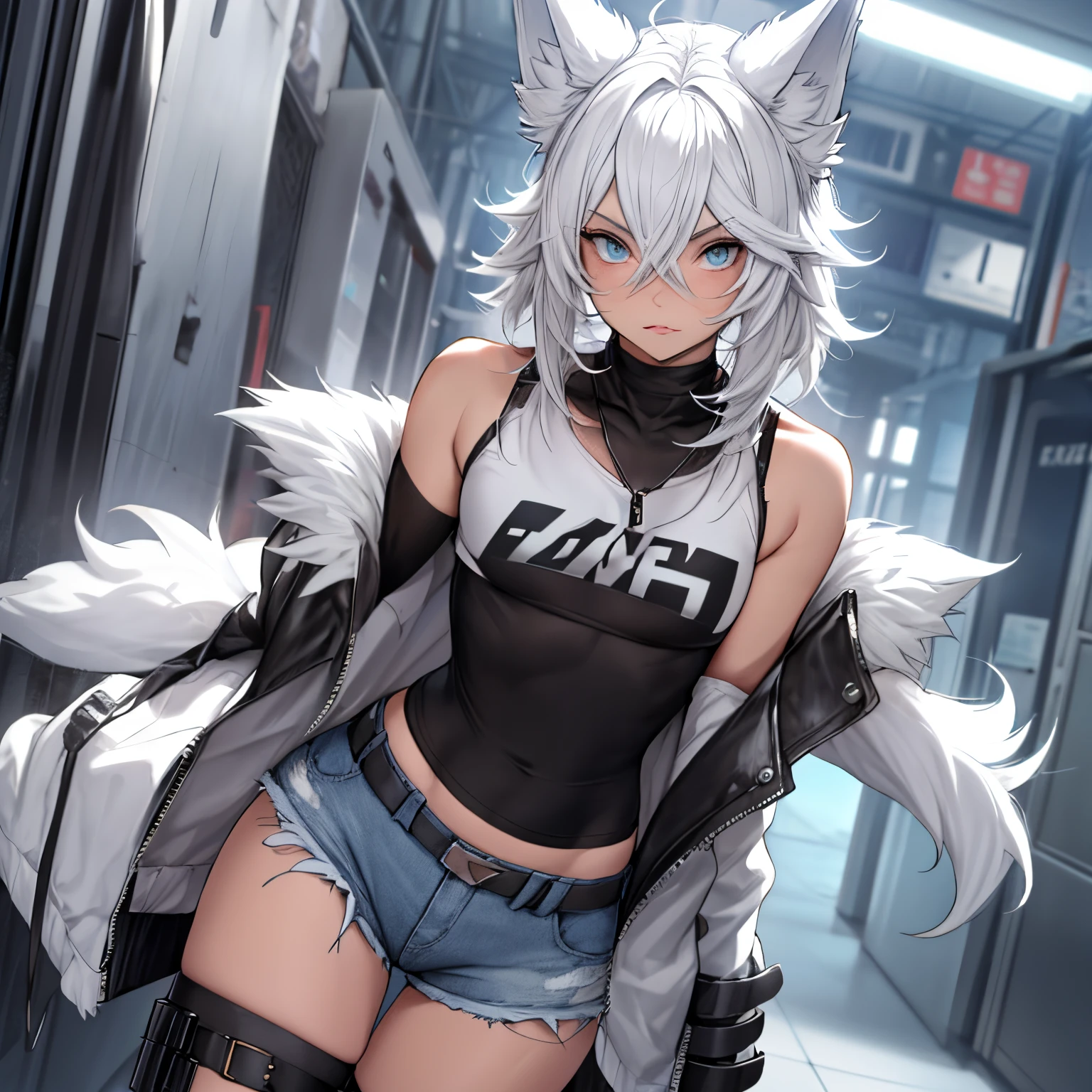 Single boy, Anime Femboy, Short, Long white hair, wolf ears, wolf tail, blue eyes, wearing short denim shorts, thigh high fishnets, black combat boots, wearing fur lined open jacket, flat chest, super flat chest, wearing cropped t-shirt, solo femboy, only one femboy ((FLAT CHEST)) solo, alone, (SOLO)(ALONE) thicc thighs, wide hips, blue eyes, perfect eyes, perfect face, pouty lips, happy