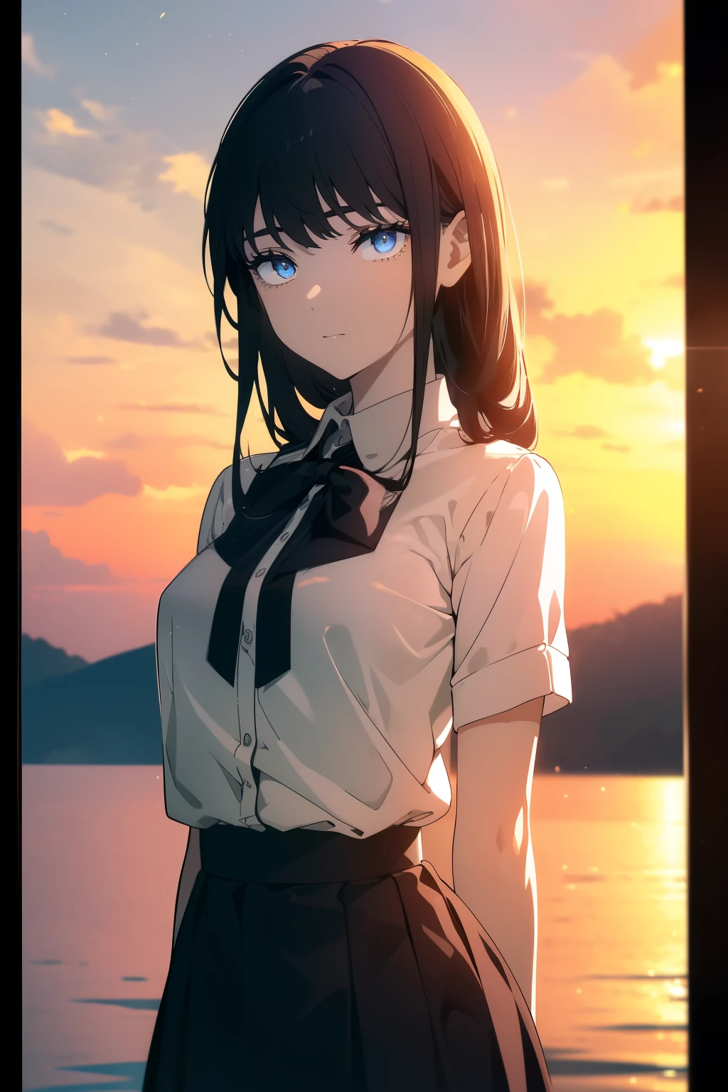(((Obra maestra, La mejor calidad, ultrahigh resolution))), 1girl, standing, school uniform, white office shirt, black pleated skirt, ((light brown hair:0.7)), long hair cut, pale skin, ((blue eyes)), glowing_eyes, neon eyes, (((ultra detailed eyes, beautiful and detailed face, detailed eyes))), ((centered)), smile, ((wide shot)), facing viewer, eye level, (sunset background), flat chested, looking at viewer, ((half closed eyes)), ((perfect hands)), (((head, arms, hips, elbows, in view))), ((hands behind back)), empty eyes, beautiful lighting, outside, outdoors, shooting star:0.7, background, defined subject, massive hot sun, 25 years old