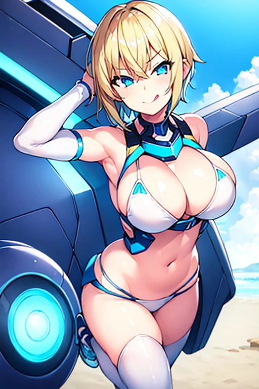 1girls, bikini, white bikini, blue trim, neon trim, sneakers, shoes, tech, scuence-fiction, futuristic, machinery, smile, tongue out, tongue, blonde hair, very short hair, short hair, boyish, tomboy, blue eyes, breasts, large breasts, wide hips, smirk, smug