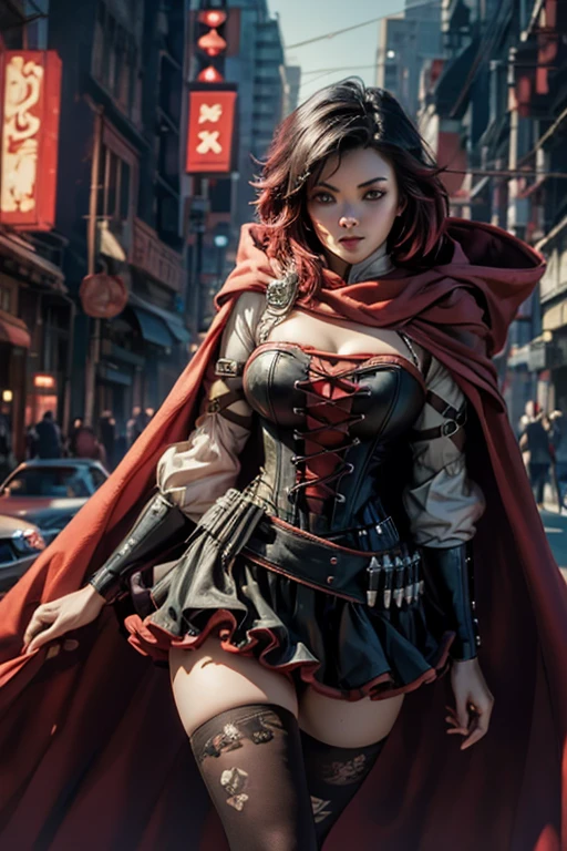 (masterpiece, best quality:1.2), solo, 1girl, mistralrose, looking at viewer, dress, corset, red cape, thighhighs cyberpunk city background