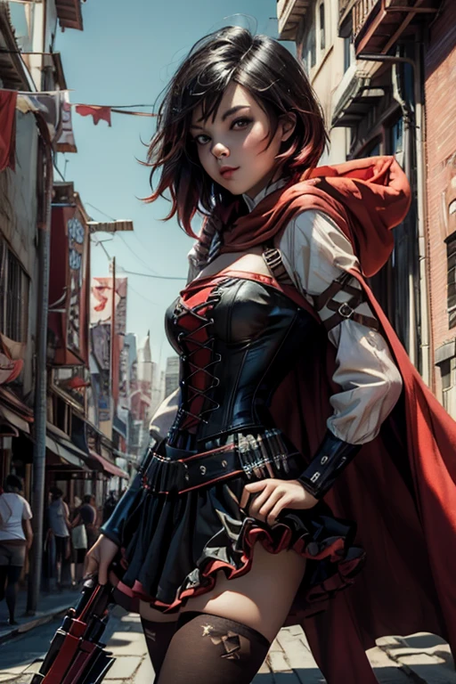 (masterpiece, best quality:1.2), solo, 1girl, mistralrose, looking at viewer, dress, corset, red cape, thighhighs cyberpunk city background