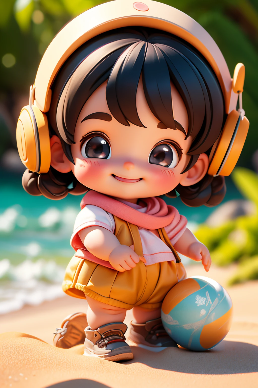 doll outdoors,portrait of a full body,5years old,Ce toddler smili happily、Taken from the side、Strong bokeh、making a pile of sand on the beach