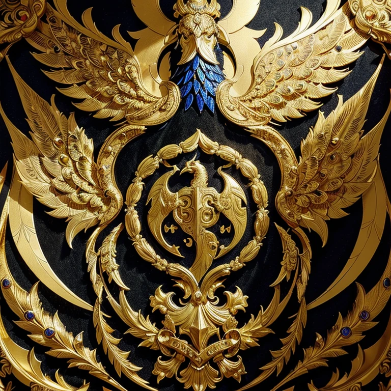 (golden crest, ornate coat of arms:1.2),detailed peacock at the center,richly decorated,shiny gold colors, vibrant feathers, intricate patterns,royal symbolism,regal and majestic,glowing background,exquisite craftsmanship,opulent design,luxurious and grand,elaborate engravings,extravagant display,eye-catching centerpiece,royal heraldry,proud and elegant