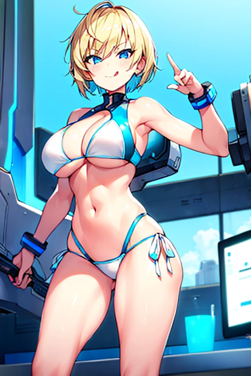 1girls, bikini, white bikini, blue trim, neon trim, sneakers, shoes, tech, scuence-fiction, futuristic, machinery, smile, tongue out, tongue, blonde hair, very short hair, short hair, boyish, tomboy, blue eyes, breasts, large breasts, wide hips, thick thighs, smirk, smug