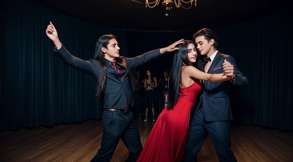 A teenager in a long red dress with long black hair and slightly olive skin dancing with a teenager in a dark blue suit with short black hair and light skin. A party background with chic decor. Uma imagem ultra realista, somente os dois na imagem.