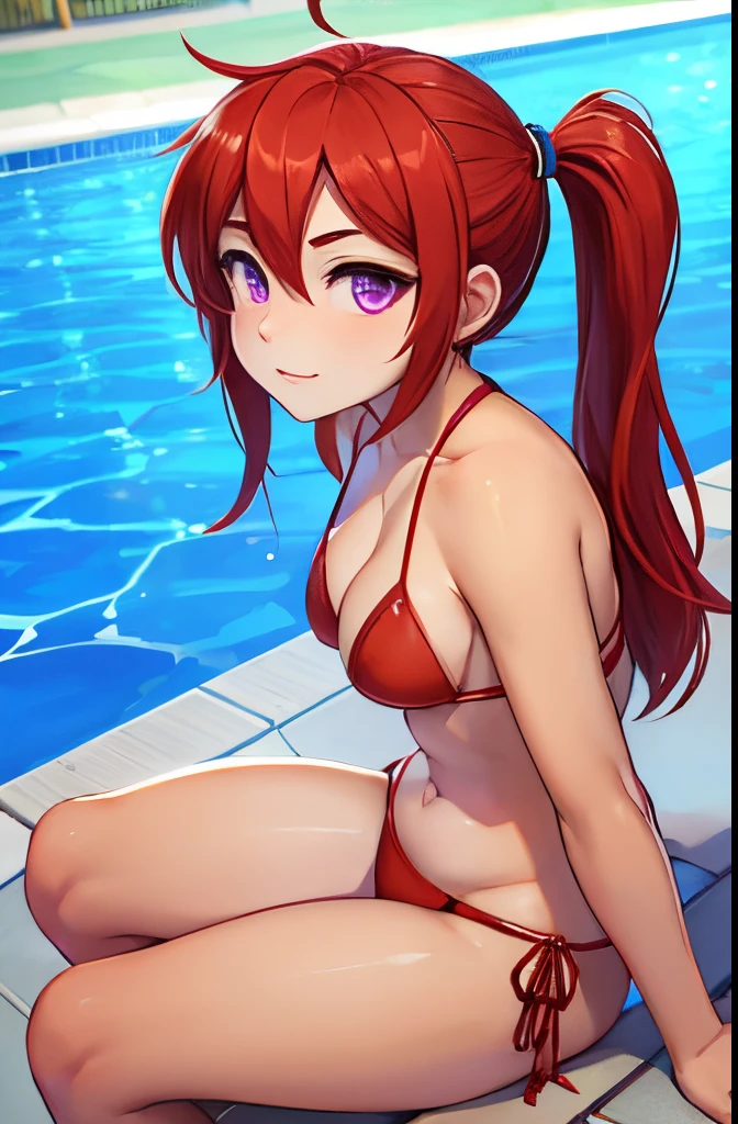Red hair, orange bikini, poolside, bored expression, sitting hunched over, glowing purple eyes, mean, beautiful lighting and shadows, pigtails