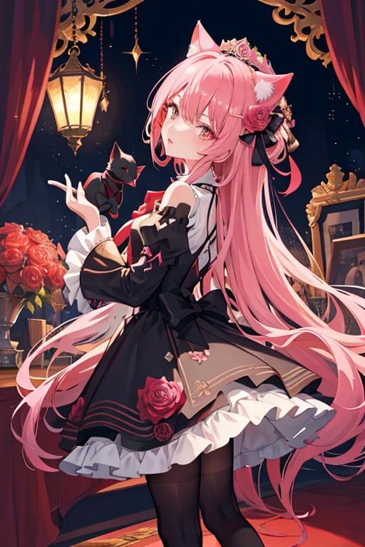 （（tmasterpiece：1.4，Best quality））++，（hyper-detailing）+，（Best quality，hyper-detailing，vibrant with colors，rich colourful，dynamic angle，hight contrast：1.2），A loli，Height about 142cm，short，Dark loli attributes，Has cat ears and a cat tail，dark pink rose（symbol），Long pale pink hair，Dark pink highlights，Tie the ends of hair，European clothing，Ethereal eyes，European dress（Dark pink）（Nero，blanche，Dark pink and gold lace, etc.）（（Dark pink rose flower decoration）），playingcards（symbol），Princess dress，short- sleeved，No shoulderlack bow with gold lace and dark pink rose flower headdress plus a small golden crown（Inlaid with diamondlack lace bracelet，Holding a cat doll in hand（micro horror element theory，face expression，leslack lence black pantyhose，Booties。European，circus，playingcardagister，delicated face，exquisite facial featurerom below：0.5）， Fashionab， with dynamism， garments， posing on a， frontage， rich colourful， dyna， Background with， element in， self-assured， Expressing the， statement， fittings， A majestic， coil， Runt， Scenes， Cover of a， boldness， attention-grabbing， Fashionab， typeface， Catchy， attention-grabbinodern day， Fashionab， focal， Fashionab，the night，themoon，stage，performance，A huge scene，lamplight