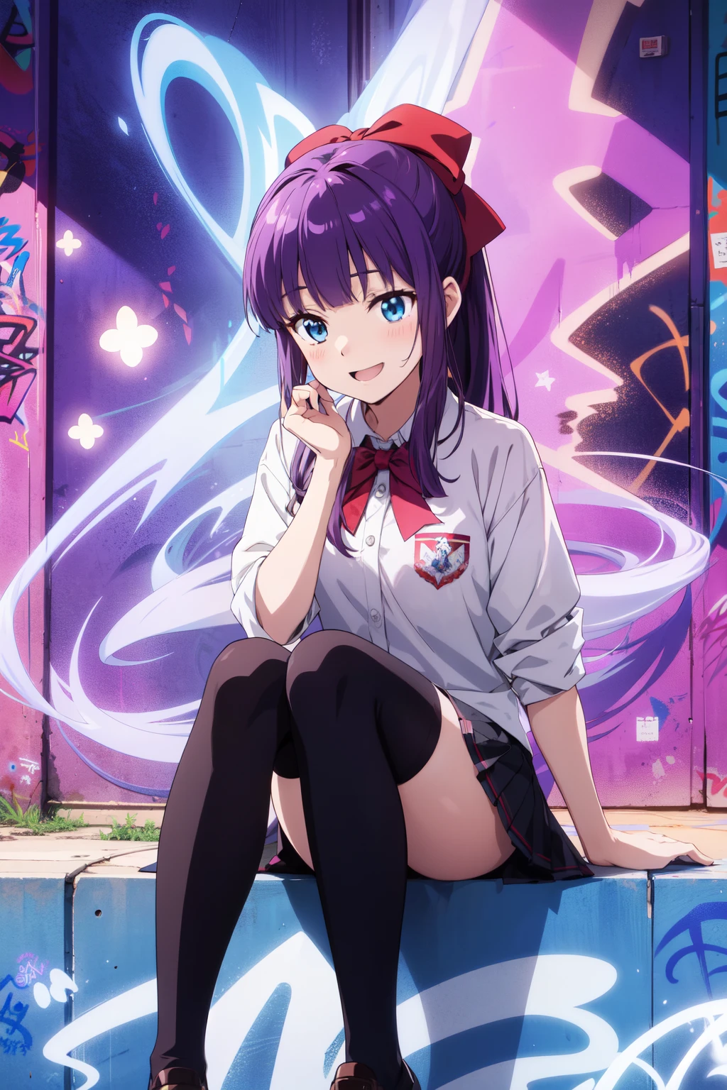 absurdres, highres, (official art, beautiful), ultra detail, takimoto hifumi, long hair, sitting, hold knees, blue eyes, ponytail, purple hair, hair bow, skirt, shirt, thighhighs, laugh, luminescence light effects, graffiti effects,